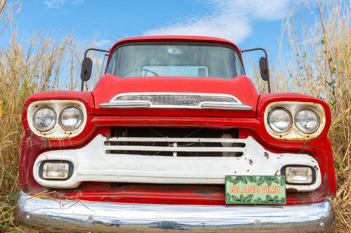 Red truck with printed front license plate