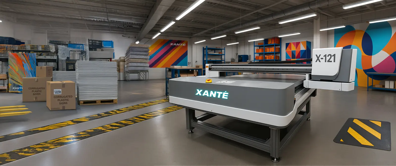 Xante X-121 UV Flatbed Printer sitting in a modern print shop warehouse